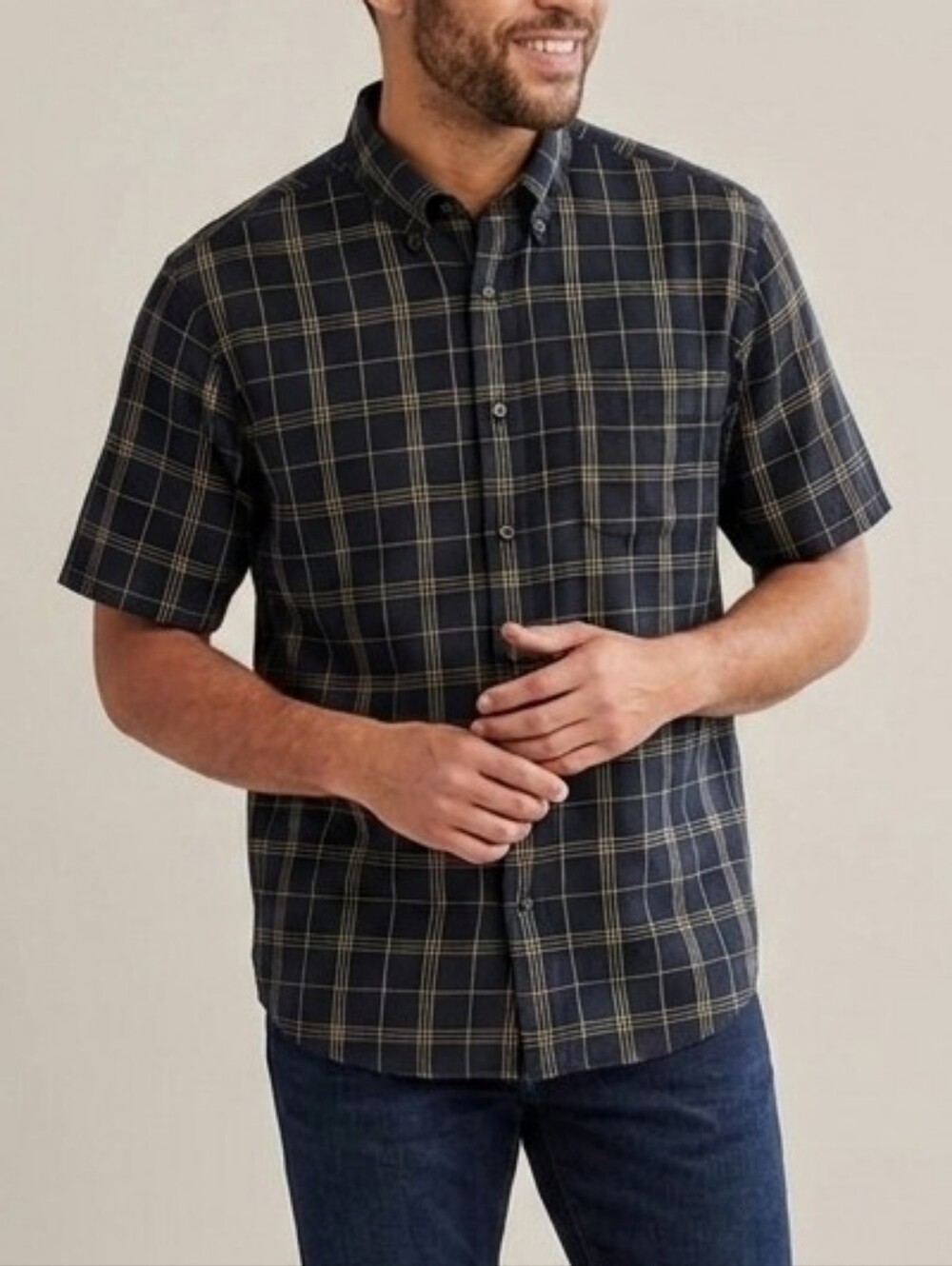 Roundtree & Yorke Men's Black Checkered Short Sleeve Button Down Shirt Sz Large
